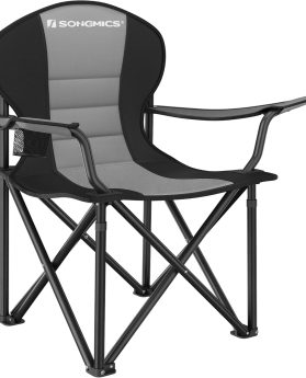 SONGMICS Folding Camping Chair, with Comfortable Sponge Seat, Cup Holder, Heavy Duty Structure, Max Load Capacity 551 lb, Outdoor Picnic Chair, Gray and Black UGCB006G01