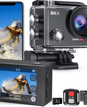 Speed 10 Action Camera 5K 30FPS Waterproof Camera Underwater 131 FT with EIS, Remote Control Sports Camera 5X Zoom with 64GB Card, 2x1350mAh Battery